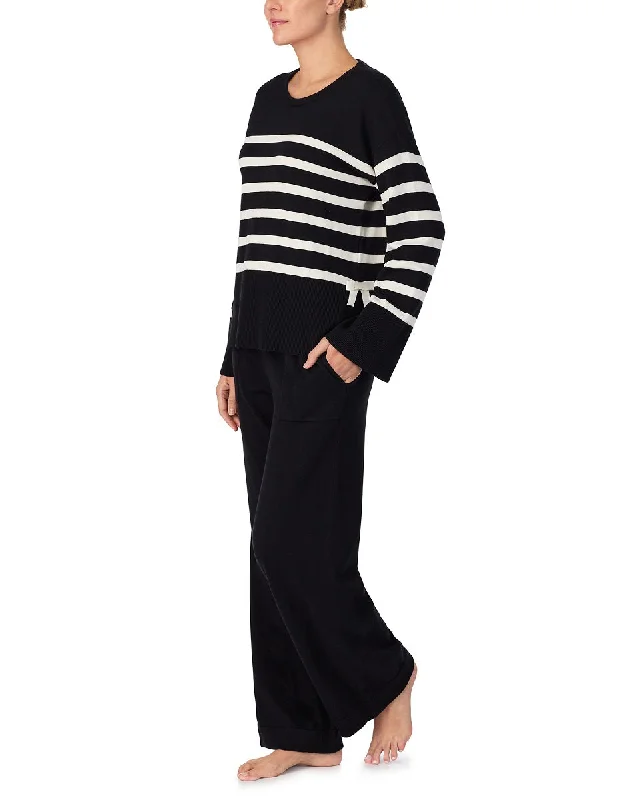 Kate Spade Sleepwear Black and Off White Stripe Long Sleeve & Pant Sweater PJ Set 82721